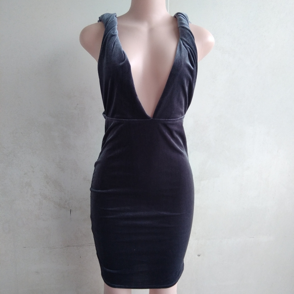Nude velvet navy blue dress